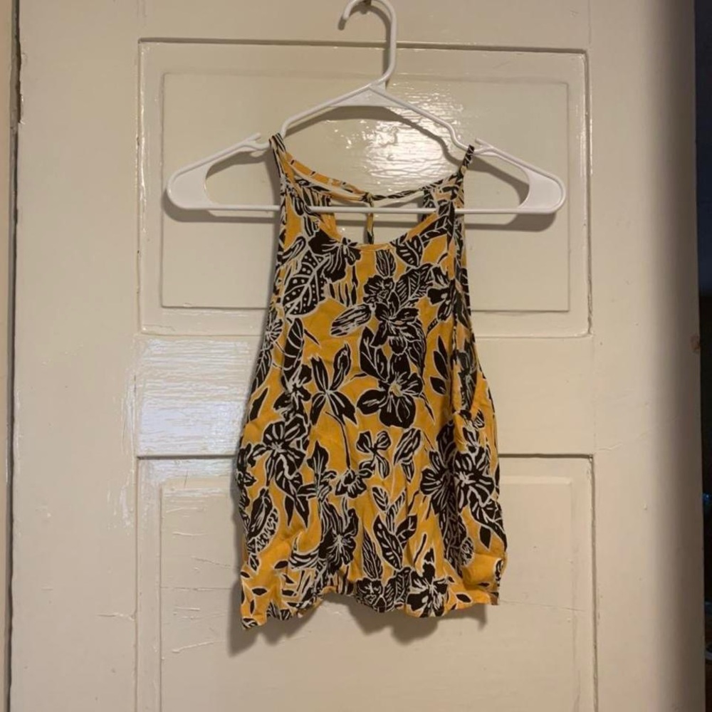 Silence + Noise Tie Spaghetti Halter Tank Yellow Black & White Floral Top